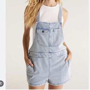 Z Supply Bib Overall Denim Knit Soft Shorts Womens S Lightwash Blue Beach Distre